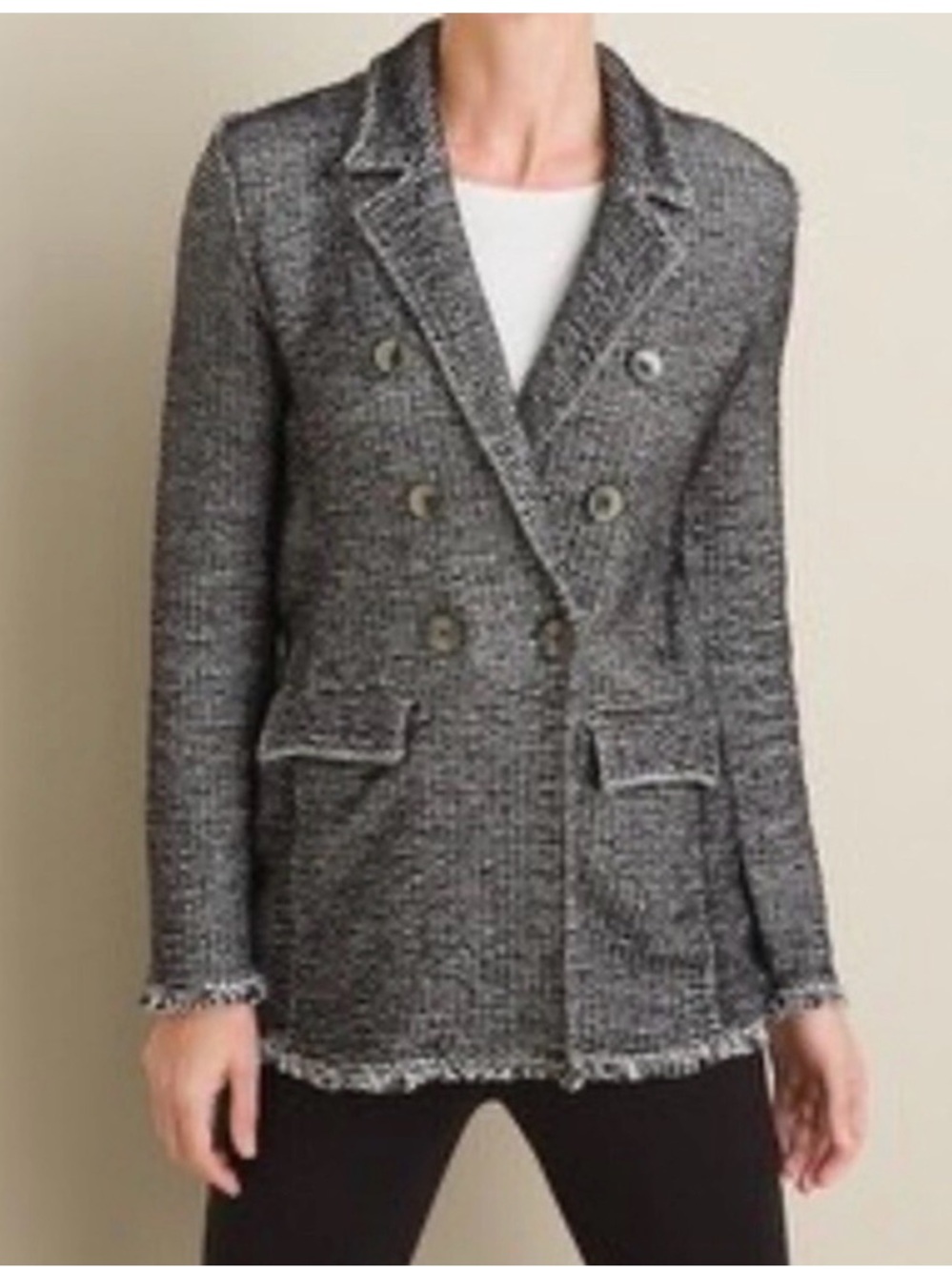 Chico's Black and White Tweed Double-Breasted Blazer with Fringe Trim